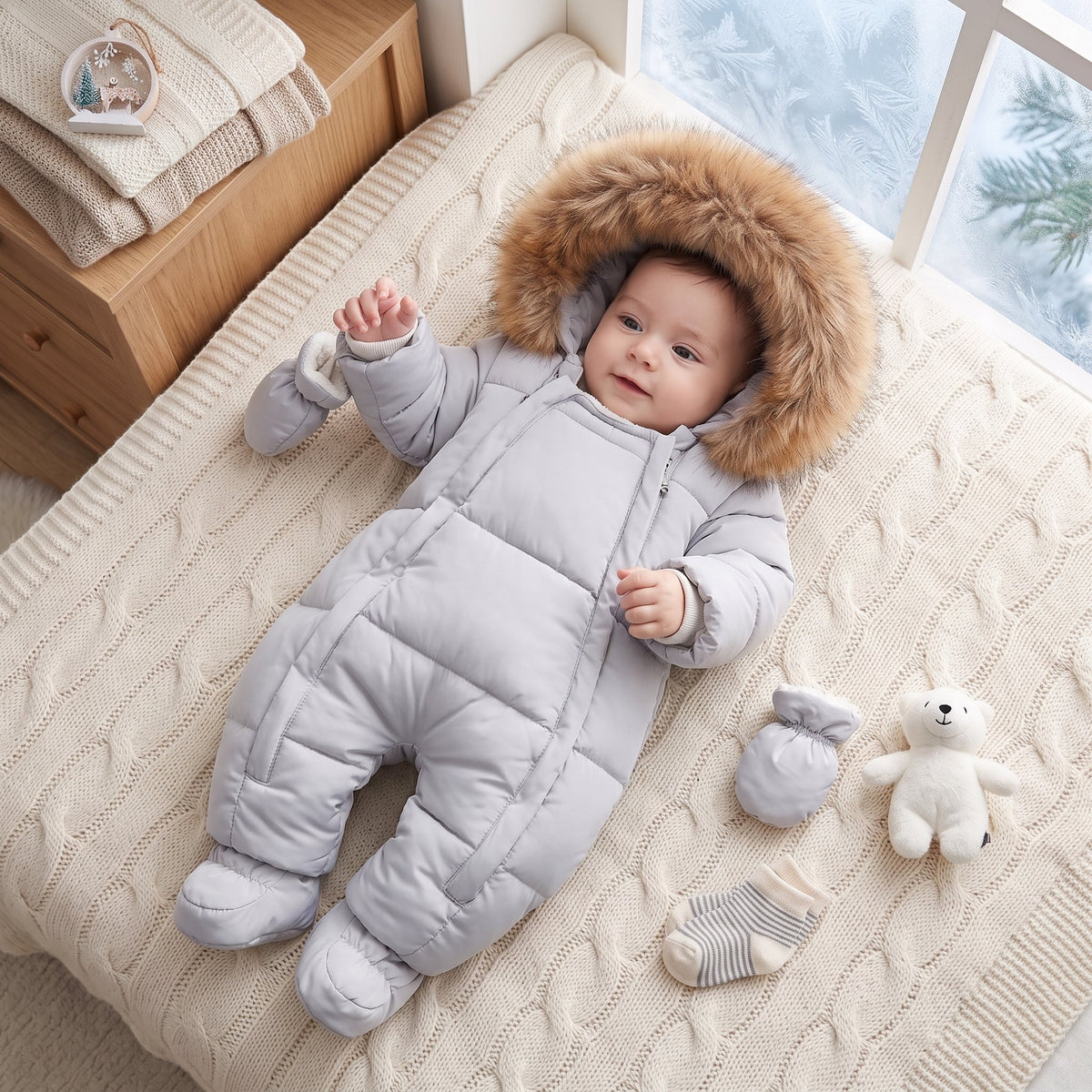 Bébé portant la combinaison pilote hiver grise