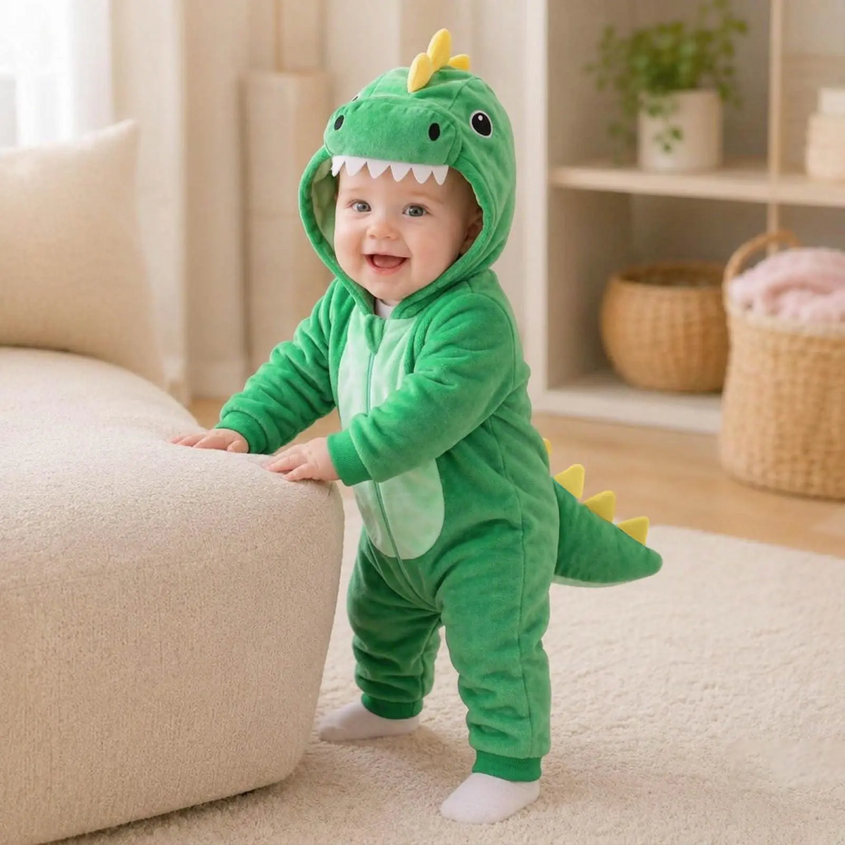 Bébé portant la barboteuse déguisement dinosaure à capuche