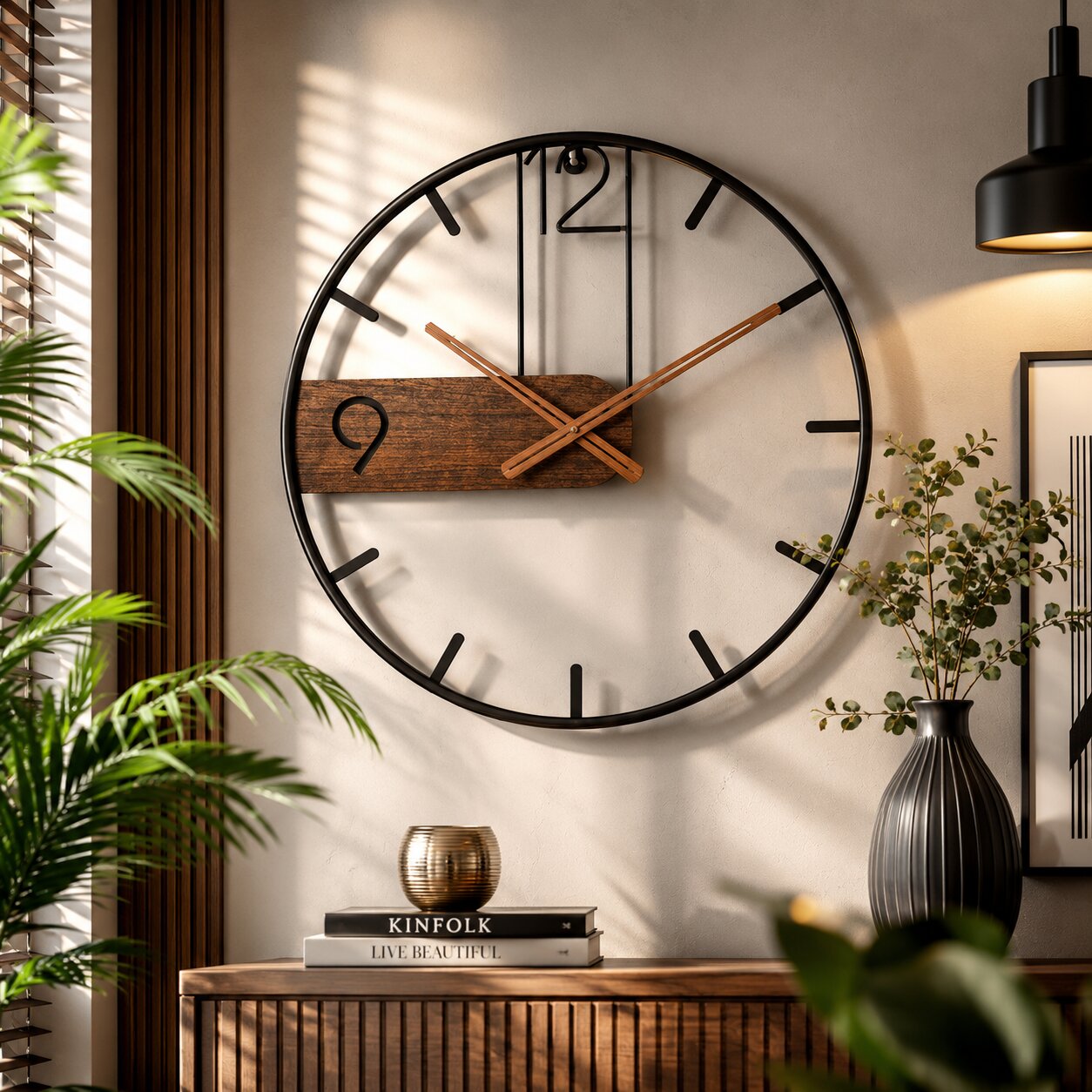 Horloge murale moderne acier inoxydable et bois de noyer, vue de face
