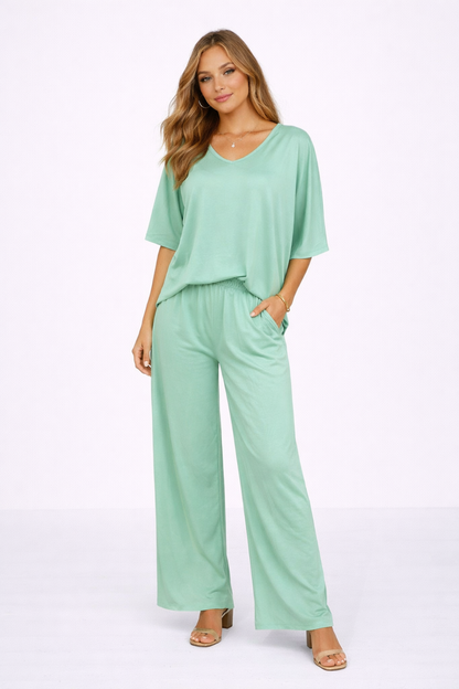 Ensemble Femme 2 Pièces – Haut Col V et Pantalon Large Fluide
