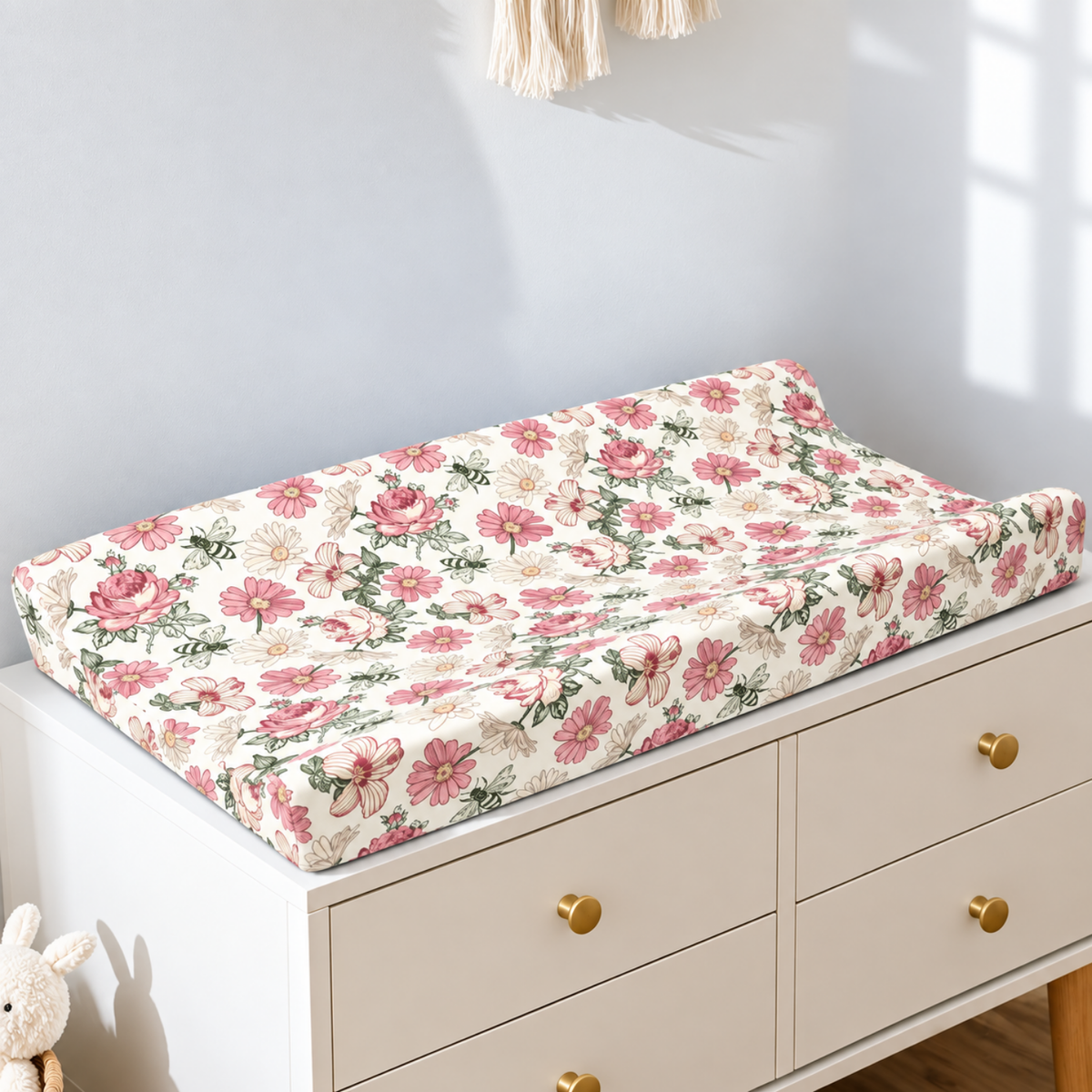 Housse de matelas à langer en coton réutilisable, imprimé Fleurs et Abeilles