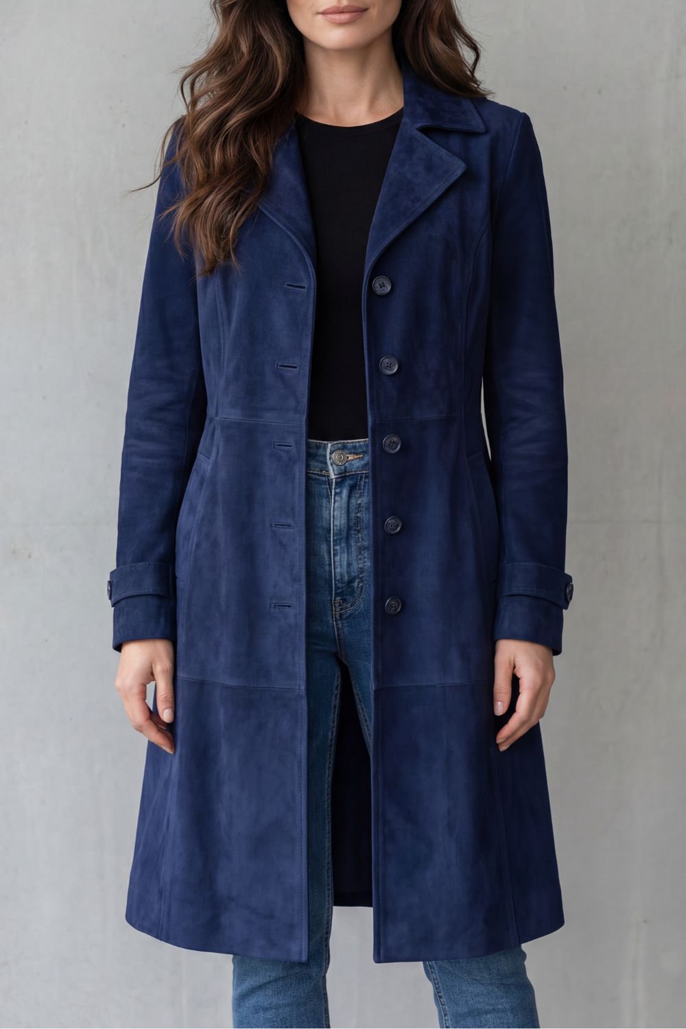 Manteau long vintage effet suédine marine, vue de face