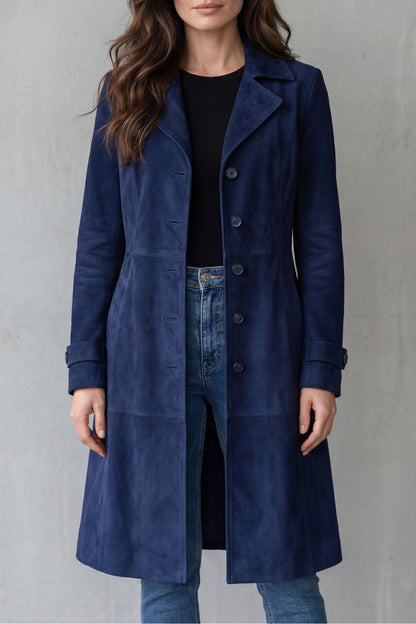 Manteau long vintage effet suédine marine, vue de face