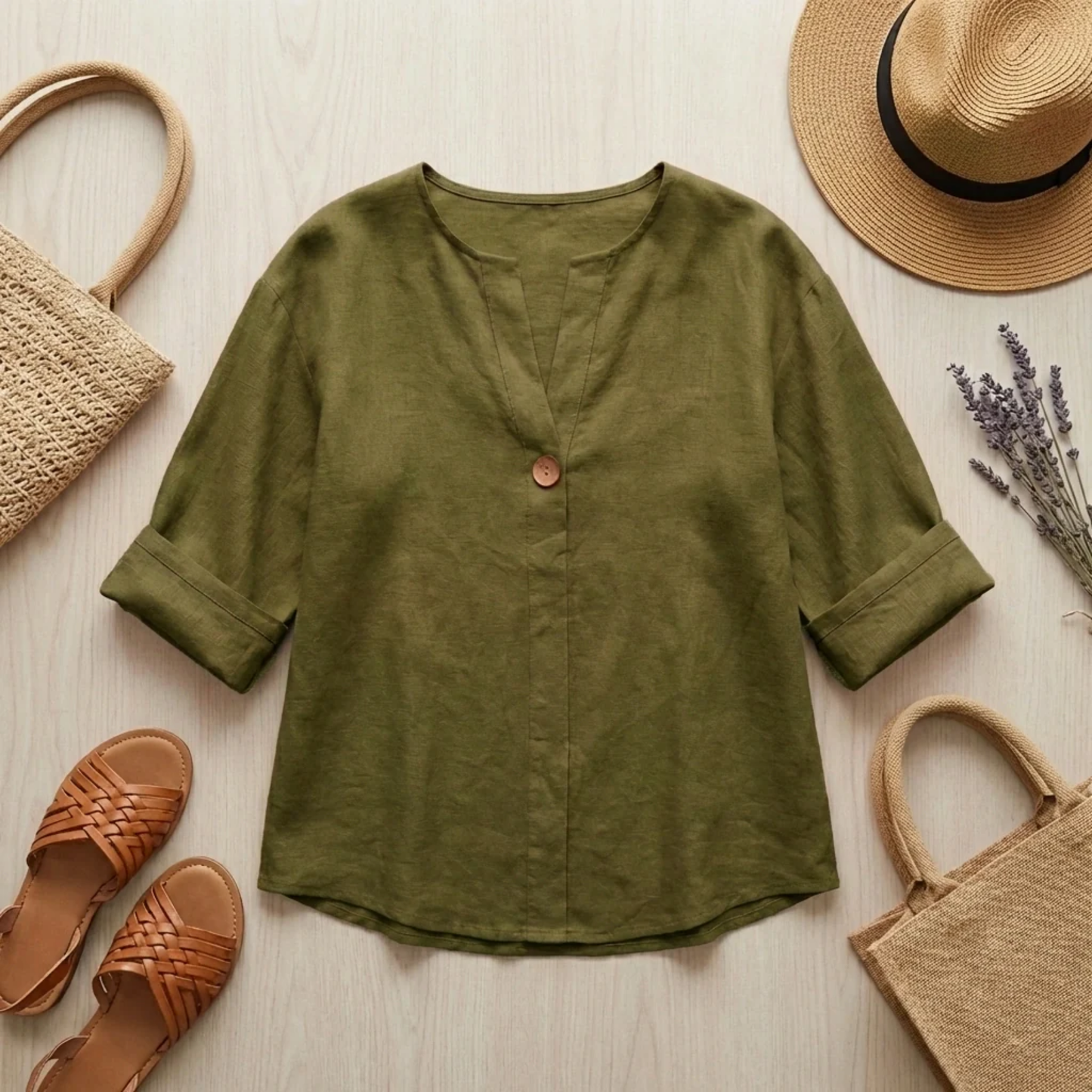 Blouse Femme en Lin – Coupe Fluide et Col en V Respirant | Blouse Lin Décontractée