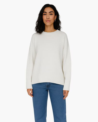 Pull Oversize Femme Col Rond Maille Unie blanc - vue de face - Melvoire