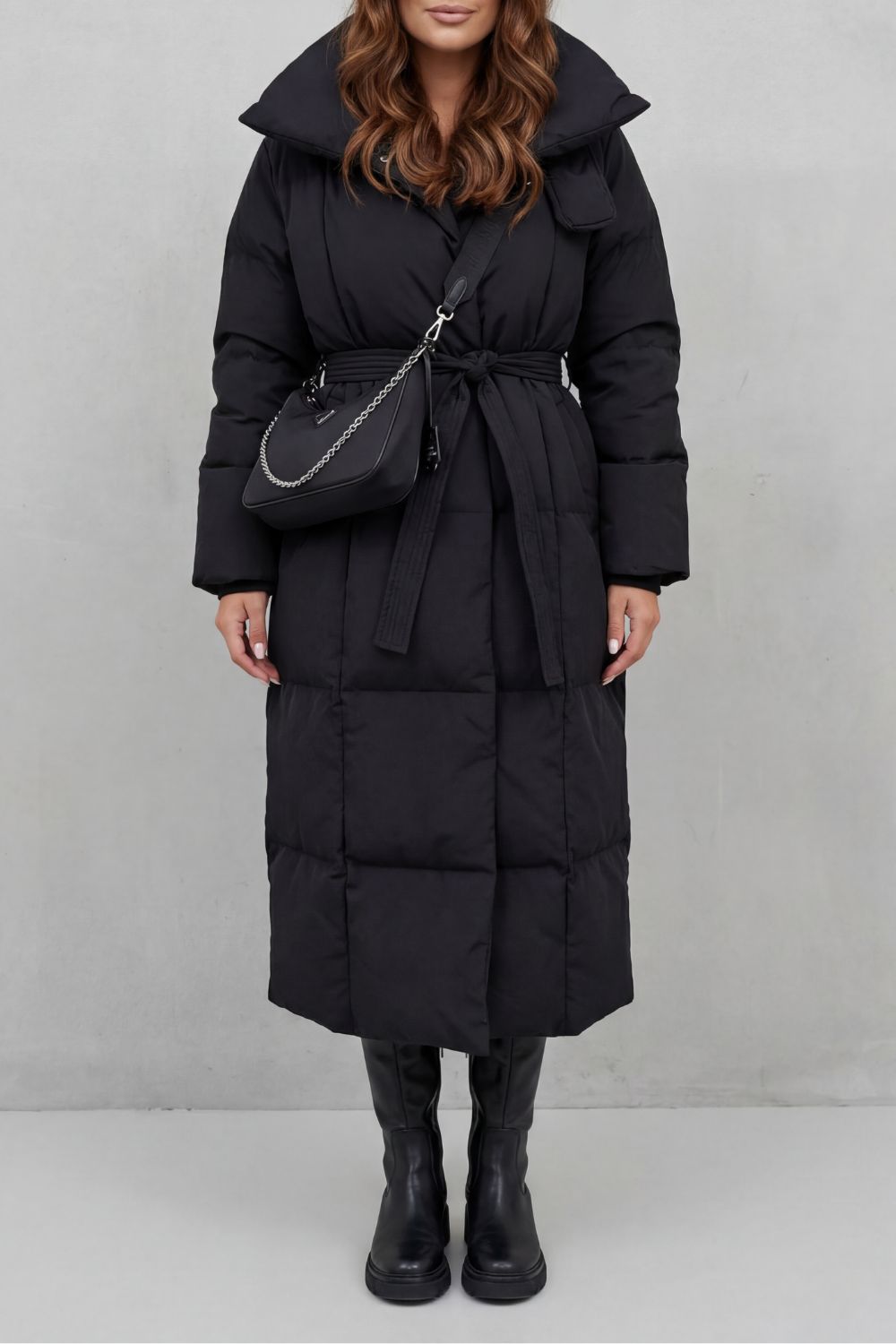 Doudoune longue ceinturée femme, coloris Noir