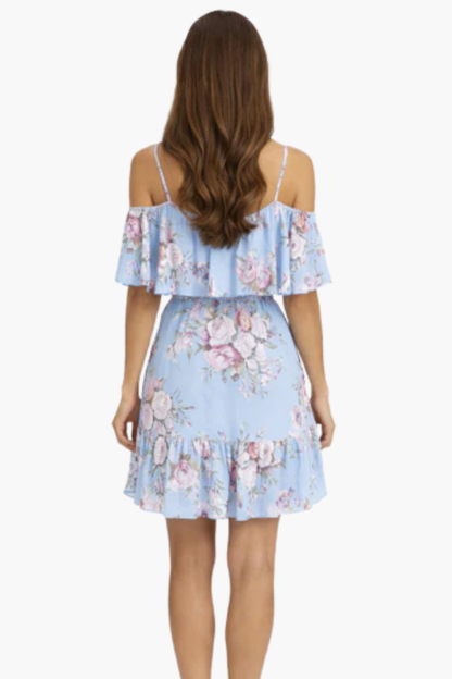 Robe Courte Fleurie Femme – Épaules Dénudées & Volants, Style Estival Élégant