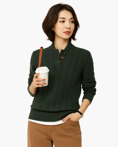 Pull Femme Motif Câble Col Montant Boutonné vert foncé - vue de face - Melvoire
