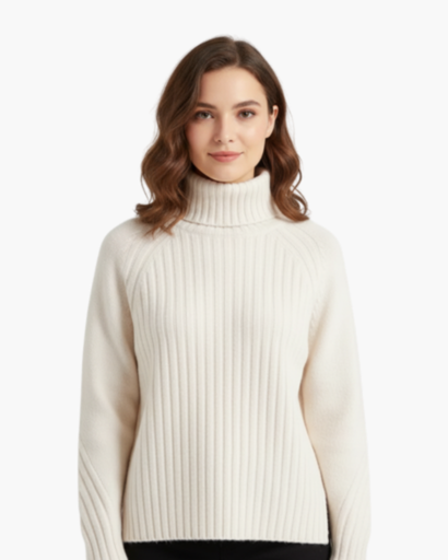 Pull femme col roulé tricot structuré blanc, vue de face