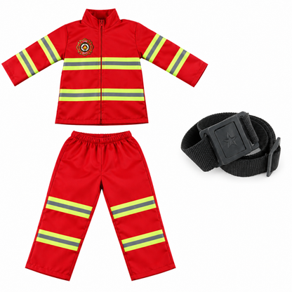 Uniforme de pompier enfant rouge avec bandes réfléchissantes et ceinture
