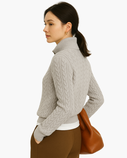 Pull Femme Motif Câble Col Montant Boutonné gris - vue de côté - Melvoire