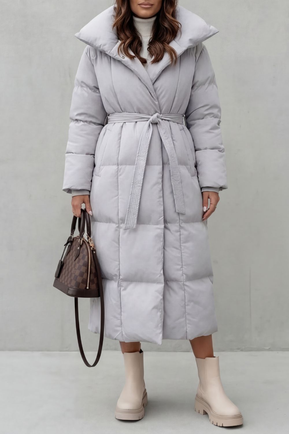 Doudoune longue ceinturée femme, coloris Gris