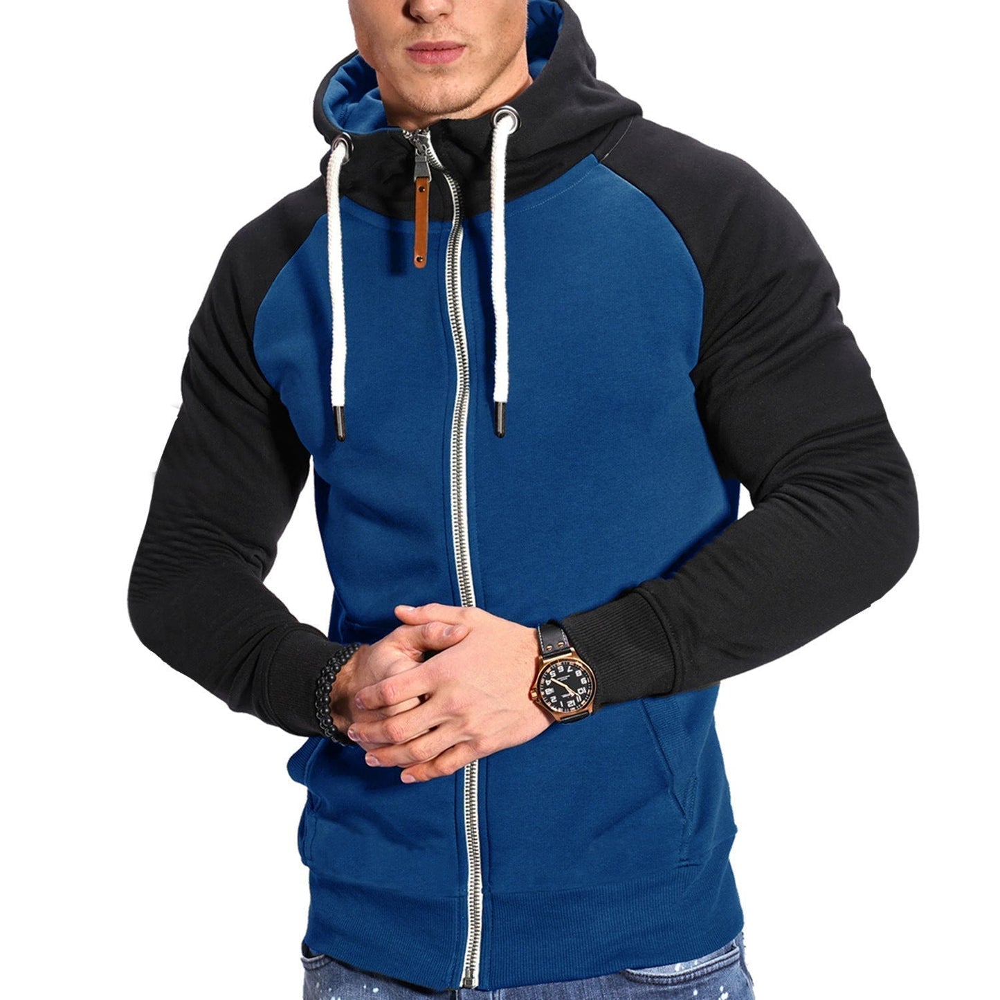 veste de sport homme à capuche, coloris bicolore noir et bleu