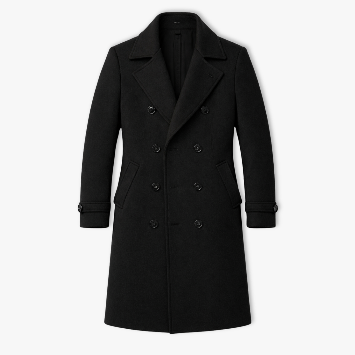 manteau laine noir homme, vue à plat double boutonnage