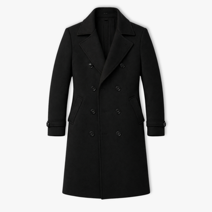 manteau laine noir homme, vue à plat double boutonnage