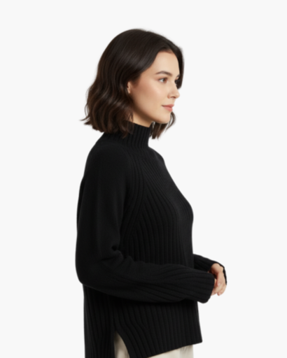Pull femme col roulé tricot structuré noir, vue portée