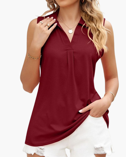 Top Femme Sans Manches – Haut Élégant à Col Polo et Encolure V