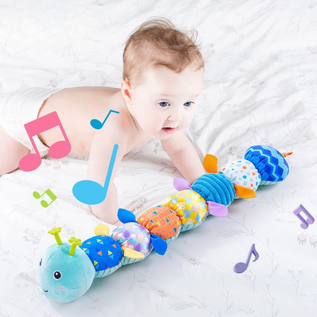 Chenille sensorielle bébé en peluche bleue