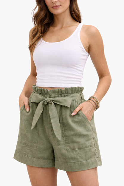 Short Lin Femme – Taille Haute & Ceinture Nouée, Coupe Fluide Style Bohème Estival