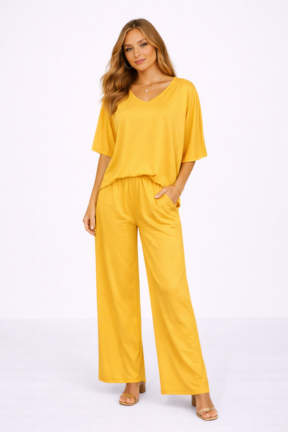 Ensemble Femme 2 Pièces – Haut Col V et Pantalon Large Fluide