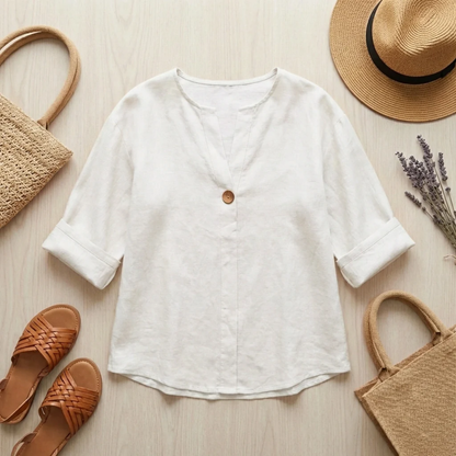 Blouse Femme en Lin – Coupe Fluide et Col en V Respirant | Blouse Lin Décontractée