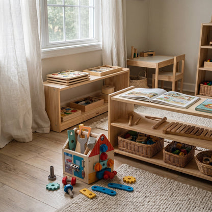 Enfant utilisant le tournevis de la maison à outils en bois