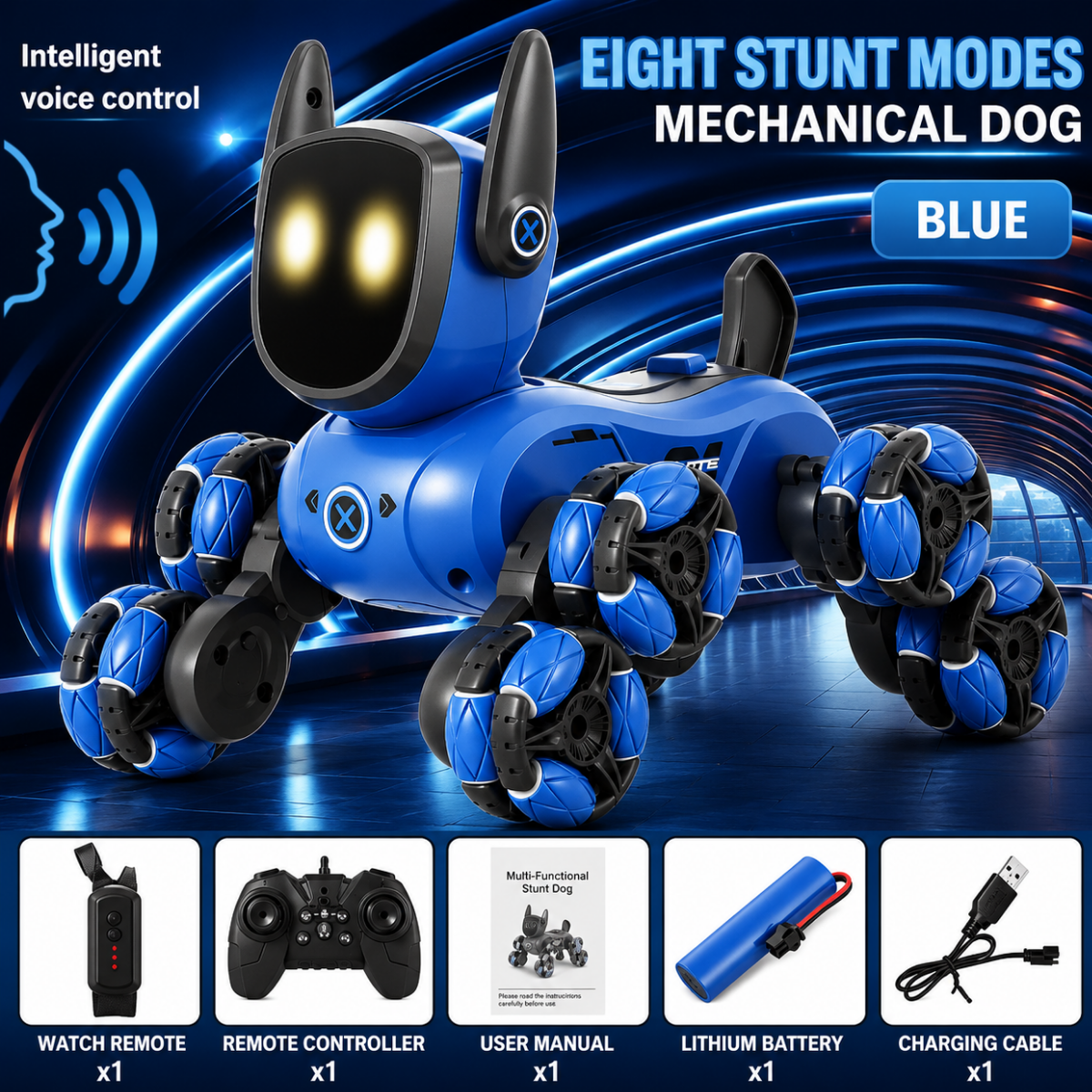 Chien robot RC, vue de profil en position de marche, coloris bleu