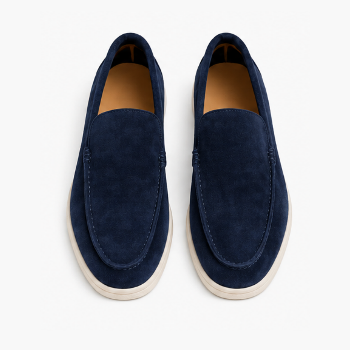 Mocassins homme bleu marine vus de dessus, doublure intérieure camel