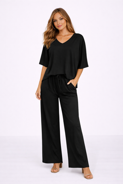 Ensemble Femme 2 Pièces – Haut Col V et Pantalon Large Fluide