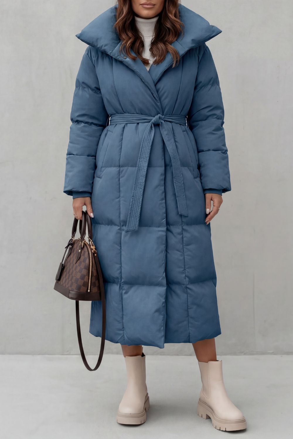 Doudoune longue ceinturée femme, coloris Bleu
