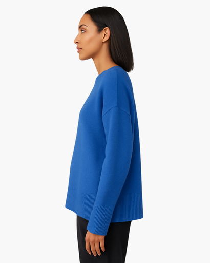 Pull Oversize Femme Col Rond Maille Unie bleu - vue de côté - Melvoire
