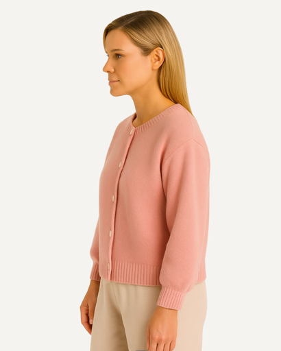 Gilet femme rose à manches bouffantes, vue de profil