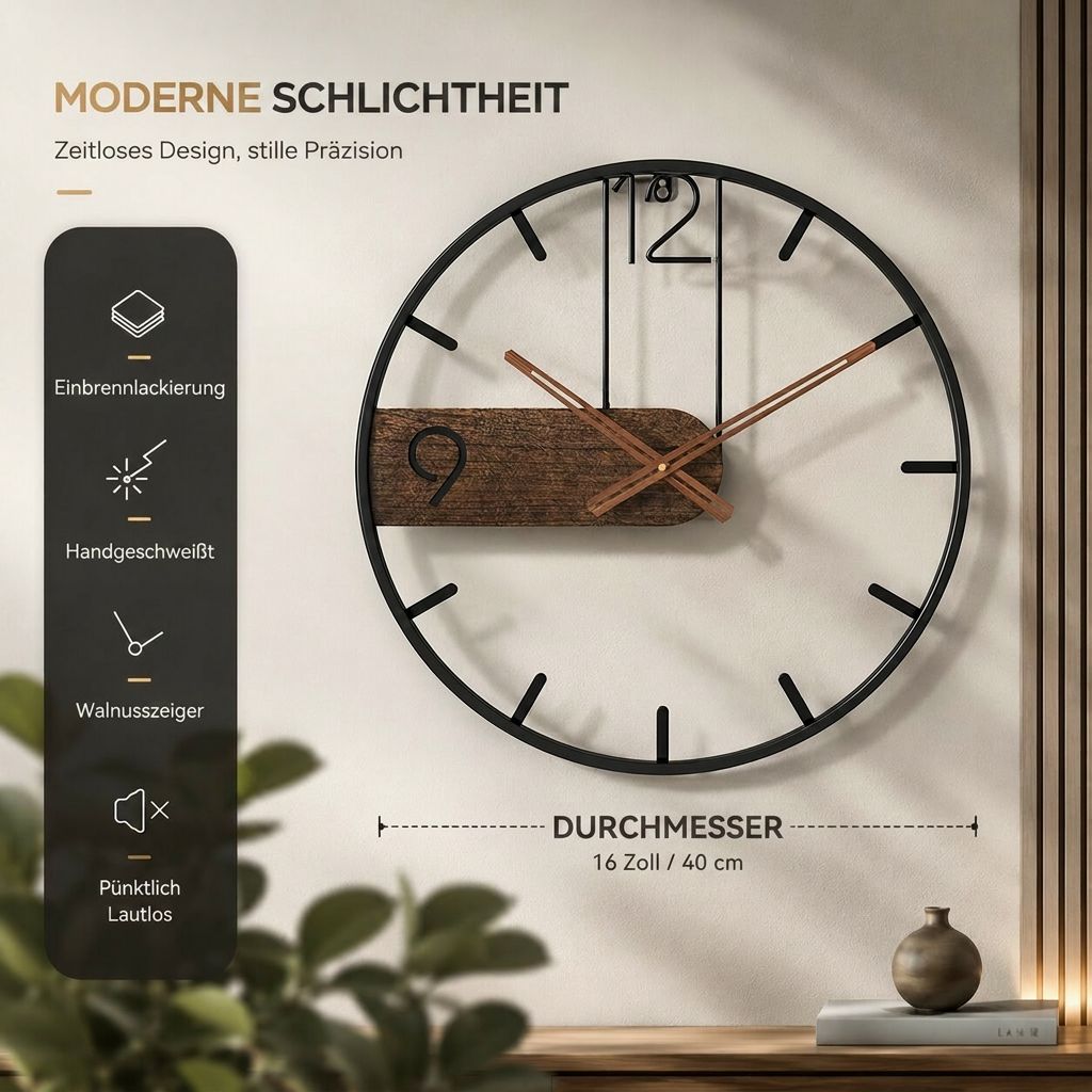 Horloge murale acier inoxydable et bois de noyer, vue latérale
