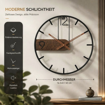 Horloge murale acier inoxydable et bois de noyer, vue latérale
