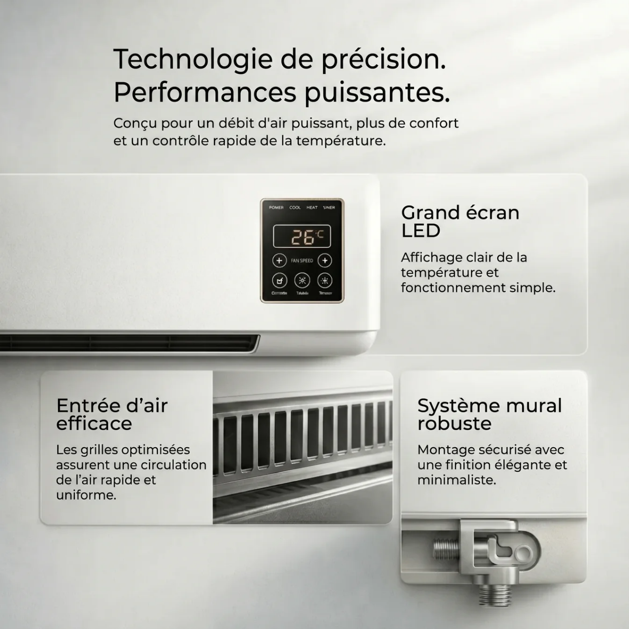 Climatiseur Mural Mobile 4-en-1 – Froid, Chaud, Ventilation & Déshumidification | Silencieux, Minuterie, LCD