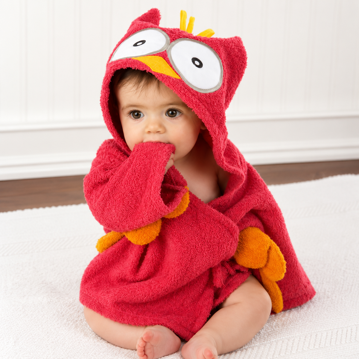 Enfant portant le poncho de bain comme une cape