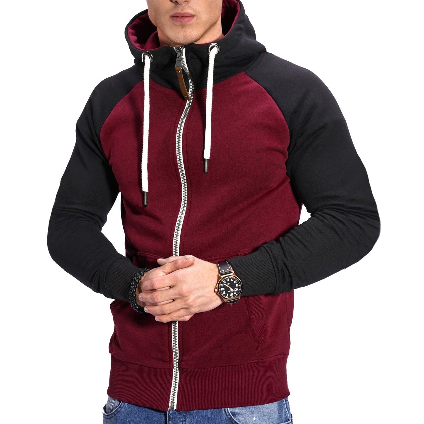 veste de sport homme à capuche, coloris bicolore noir et rouge