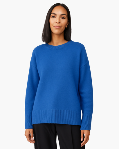 Pull Oversize Femme Col Rond Maille Unie bleu - vue de face - Melvoire