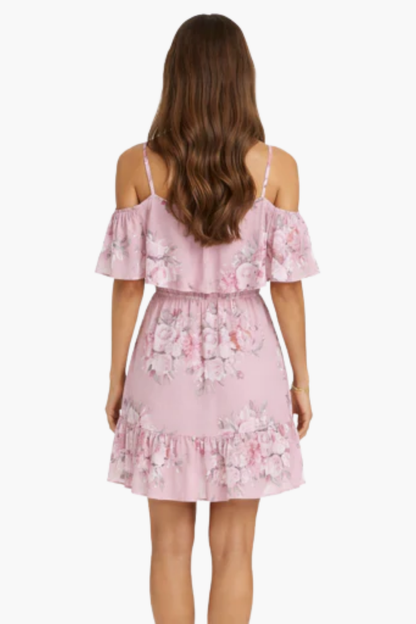 Robe Courte Fleurie Femme – Épaules Dénudées & Volants, Style Estival Élégant