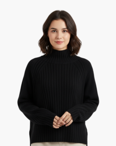 Pull femme col roulé tricot structuré noir, vue de face