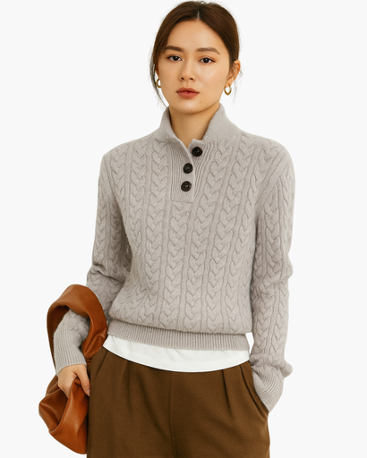 Pull Femme Motif Câble Col Montant Boutonné gris - vue de face - Melvoire