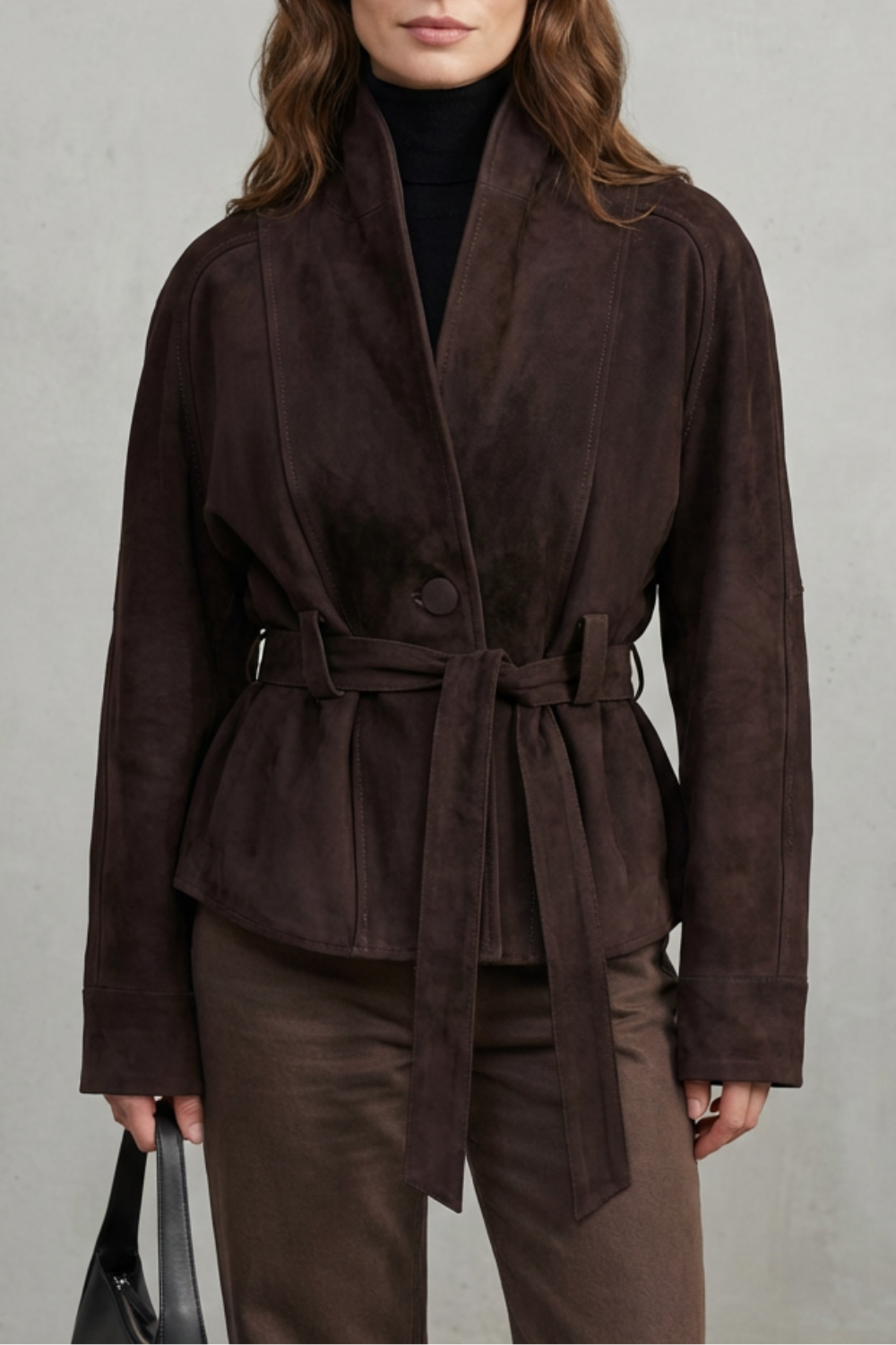 Veste courte en laine croisée brun foncé, vue de face