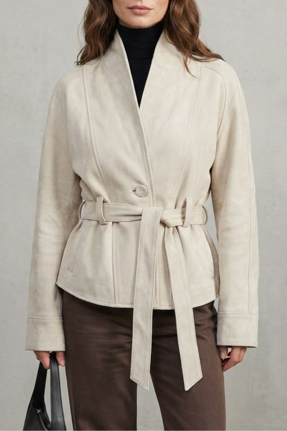 Veste courte en laine croisée beige, vue de face