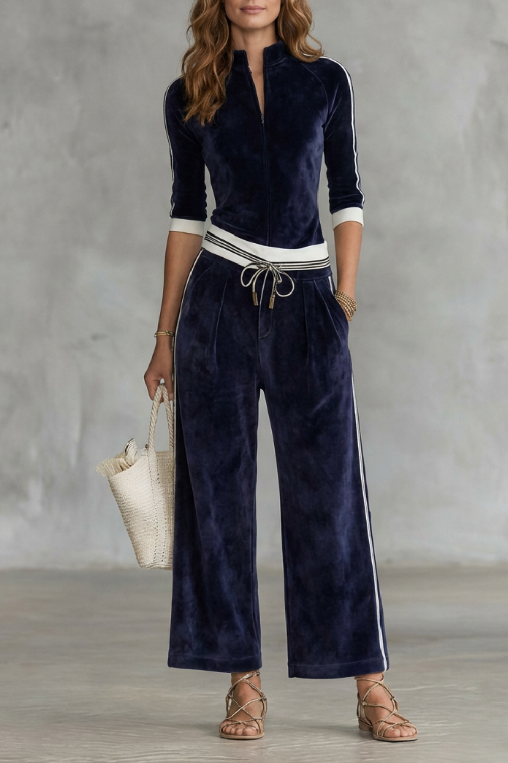 Ensemble velours bleu marine, haut zippé et pantalon large, vue de face