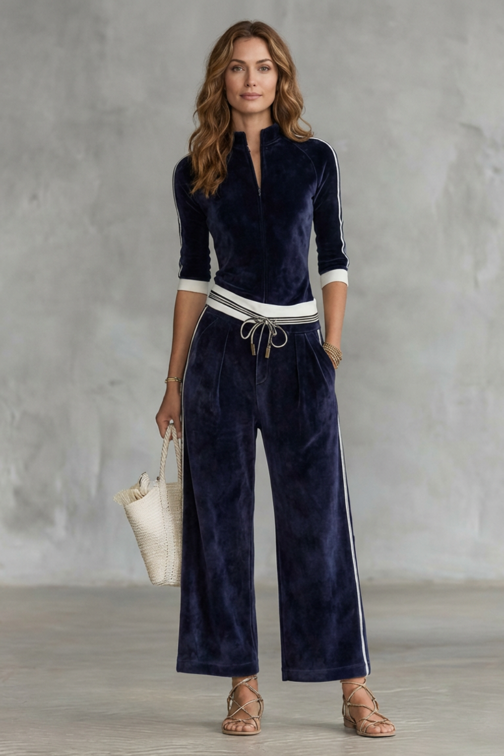 Ensemble velours bleu marine, détail col montant