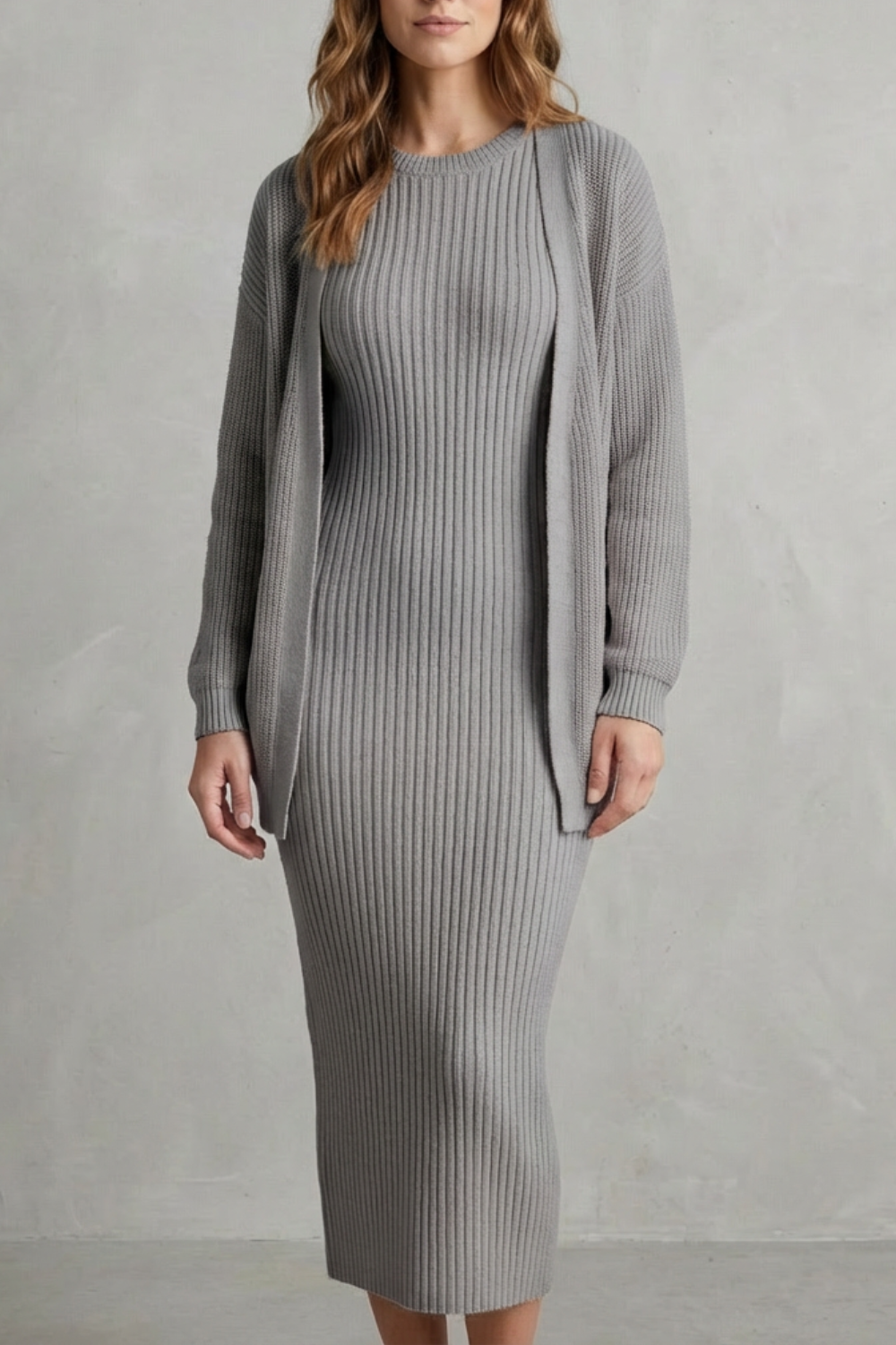 Ensemble robe pull maille gris et cardigan, vue de face