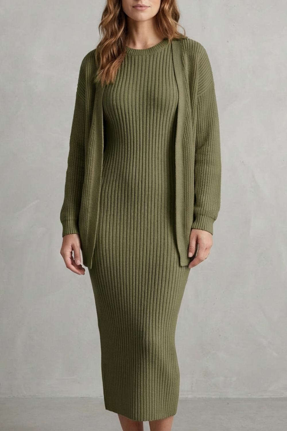 Ensemble robe pull maille matcha et cardigan, vue de face
