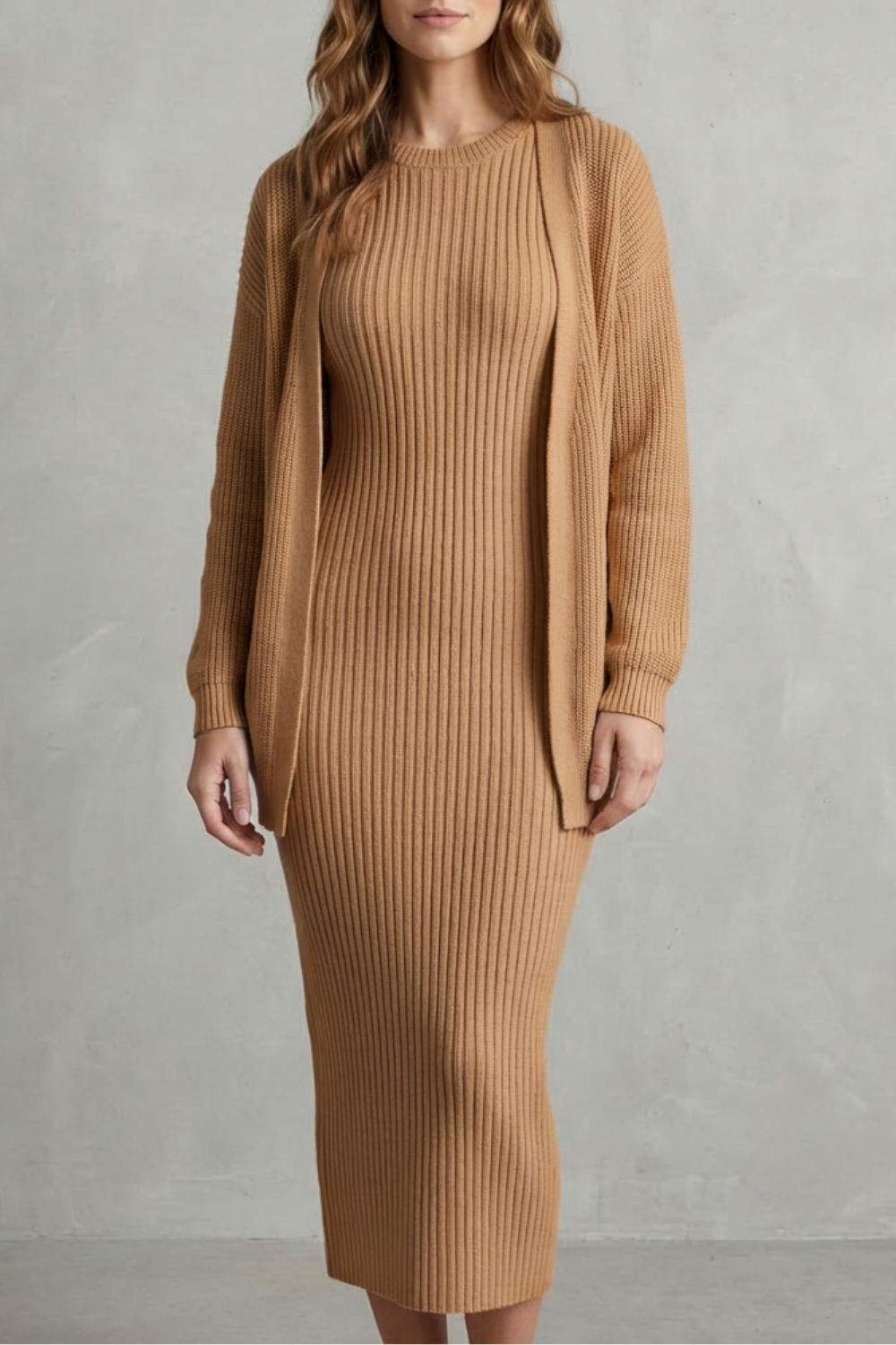 Ensemble robe pull maille ambre et cardigan, vue de face
