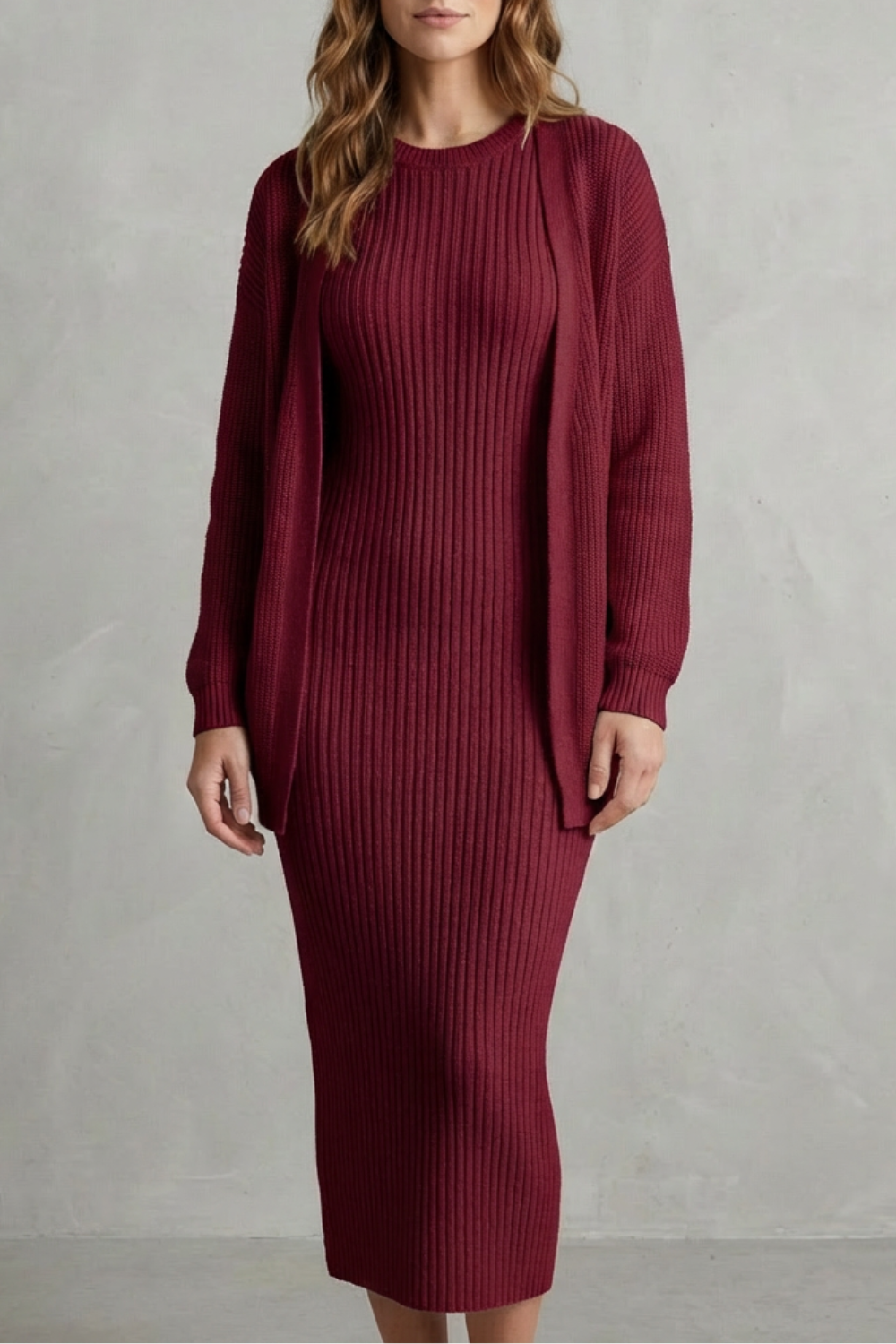Ensemble robe pull maille rouge bordeaux et cardigan, vue de face