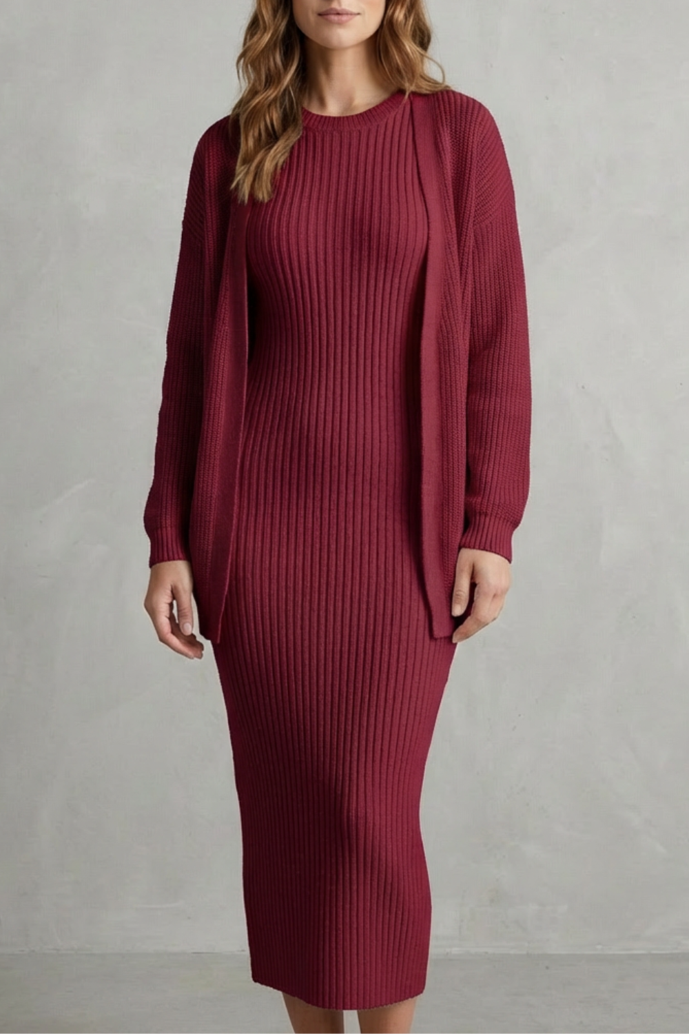 Ensemble robe pull maille rouge brique et cardigan, vue de face